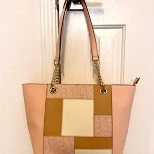 Calvin Klein Patchwork Tote in Pink and Tan with Gold Chains